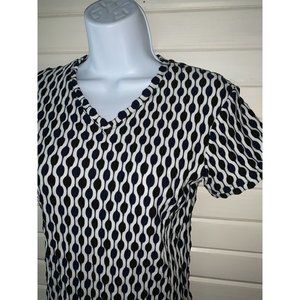 VTG 1986 Guess USA Sz LARGE Stretch Knit V-Neck Top Black White Navy Blue EUC